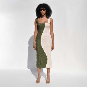 Mara Hoffman Sloan Popcorn Cream Olive Green MIDI Bodycon Sleeveless Dress Large